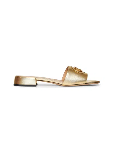 Valentino Garavani Women Gold Laminated Leather Vlogo Signature Slide Sandals
