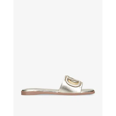 Valentino Garavani Gold Vlogo Cutout Laminated Nappa Leather Sandals In Platinum Antique Brass