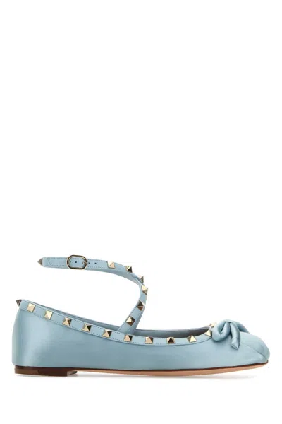 Valentino Garavani Women Light Blue Satin Rockstud Ballerinas