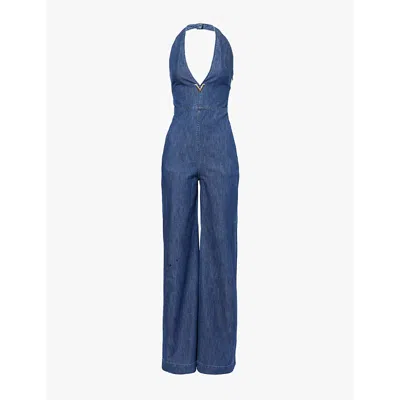 Valentino Garavani Womens Medium Blue Denim Plunge-neck Flared-leg Chambray Jumpsuit