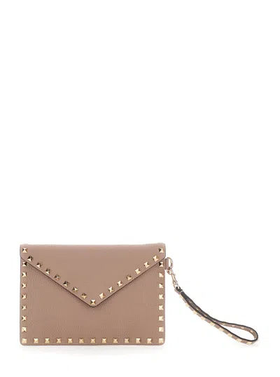 Valentino Garavani Women Medium Flat Pouch | Rockstud | Vitello Stampa Alce/platinum Studs