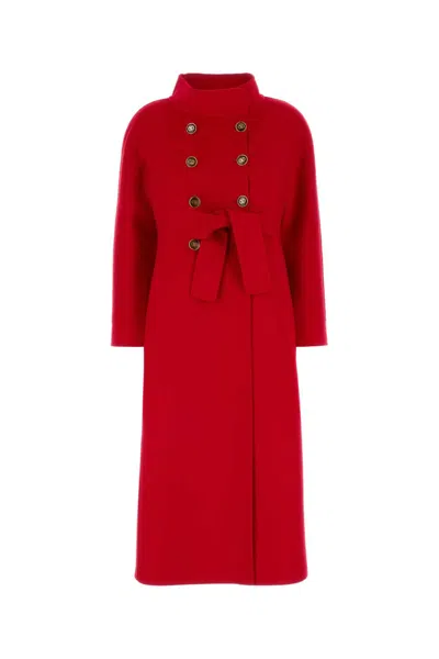 Valentino Wool Blend Coat With Belt And Buttons In Red