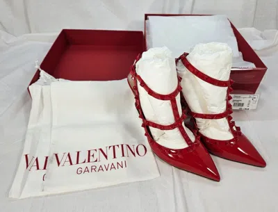 Pre-owned Valentino Garavani Women Rockstud Ankle Strap Pumps Tonal Studs 9.5 Msrp $1,150 In Red