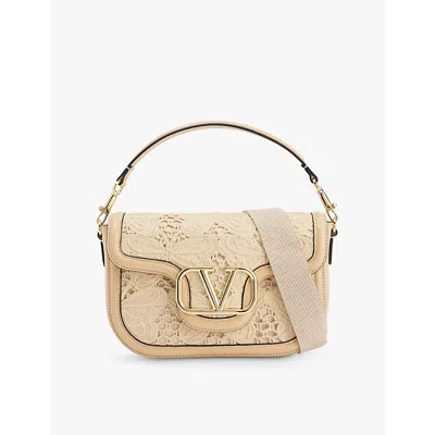 Valentino Garavani Floral-panel Brand-plaque Leather Shoulder Bag In Sahara Beige