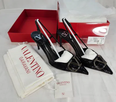 Pre-owned Valentino Garavani Women's V Logo Pointed Toe Slingback Pumps 7.5 Us Msrp $1,150 In Black