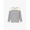 Valentino Embellished Striped Ribbed Cotton Sweater In Navy Avorio