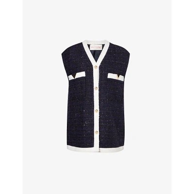 Valentino Garavani Womens Navy Lurex Avorio Lurex V-neck Sequin-embellished Tweed Gilet