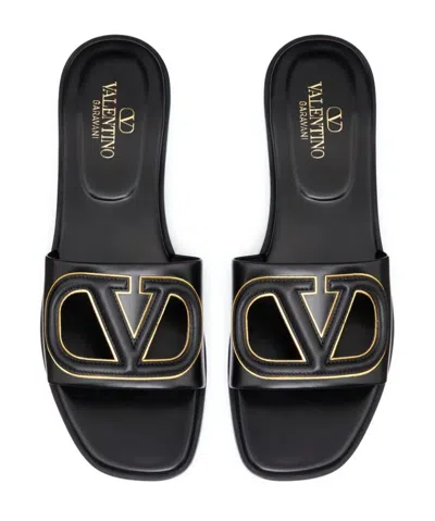 Pre-owned Valentino Garavani Womens Vlogo Cut-out Calfskin Slide Sandals Black Gold 39.5