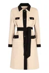 Valentino Wool Coat With Belted Waist And Contrast Trim In Multi