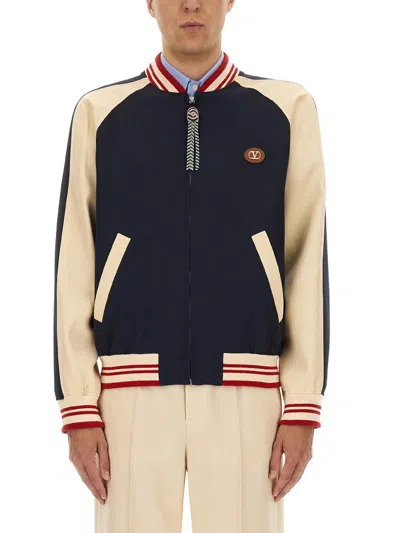 Valentino Garavani Wool And Cotton Bomber Jacket With Vlogo And Chat De La Maison Patch In Blue