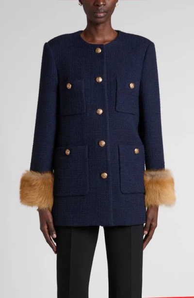 Valentino Garavani Wool Blend Tweed Jacket With Faux Fur Cuffs In Blue