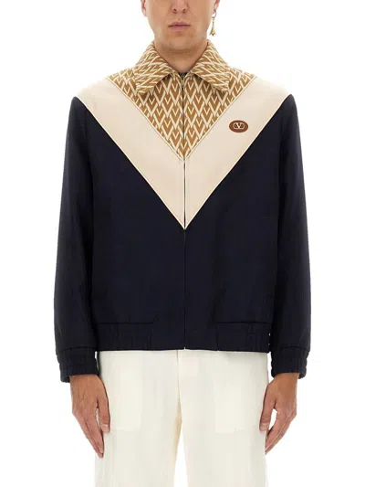 Valentino Garavani Wool Bomber Jacket With Print Toute La V In Blue