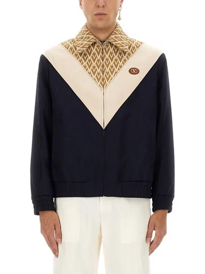 Valentino Garavani Wool Bomber Jacket With Print Toute La V In Blue