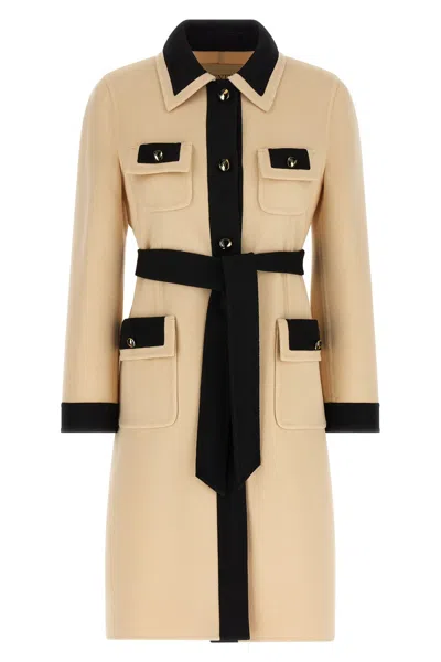 Valentino Wool Coat With Belted Waist And Contrast Trim In Brown