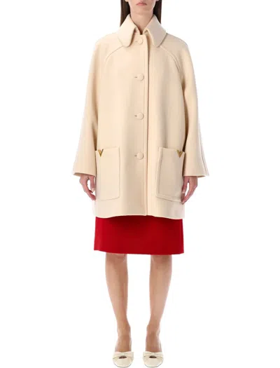 Valentino Garavani Wool Drap Peacoat With V Gold Detail In Sand