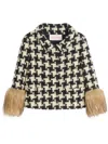 Valentino Faux-fur Macro Houndstooth Tweed Jacket In Beige