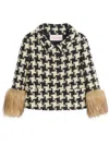 Valentino Faux-fur Macro Houndstooth Tweed Jacket In Beige
