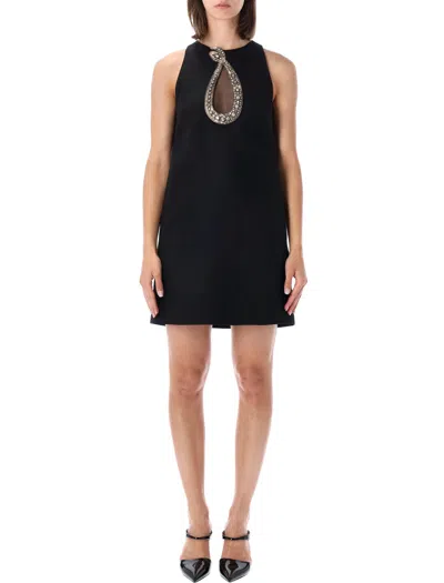 Valentino Garavani Wool-silk Mini Dress With Embellished Neckline Cut-out In Nero