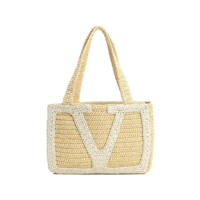Valentino Garavani Woven Straw And Linen Tote Bag In Beige