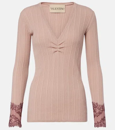 Valentino Gathered Lace-trimmed Cashmere Sweater In Pink
