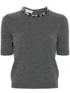Valentino Wool Knit Sweater With Embroidered Neckline In Grey