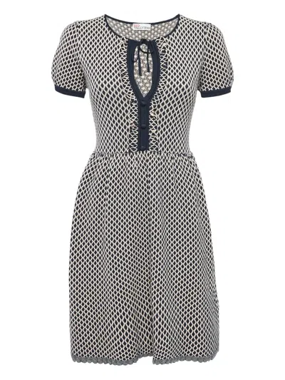 Pre-owned Valentino Geometric-pattern Puff-sleeve Dress In Black