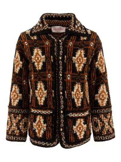 Valentino Geometric-pattern Wool Coat In Brown