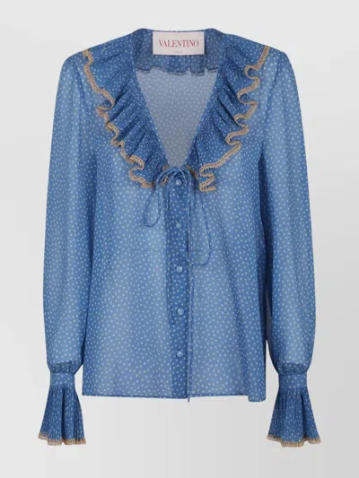 Valentino Georgette Micro Pois Shirt With Ruffled Collar In Blue