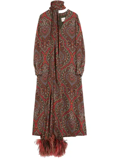 Valentino Silk Feather-trim Maxi Dress In Multicolor