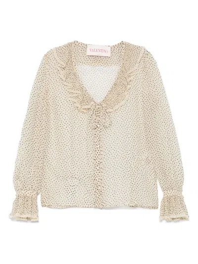 Valentino Lace-trimmed Ruffled Polka-dot Silk-chiffon Blouse In Neutrals
