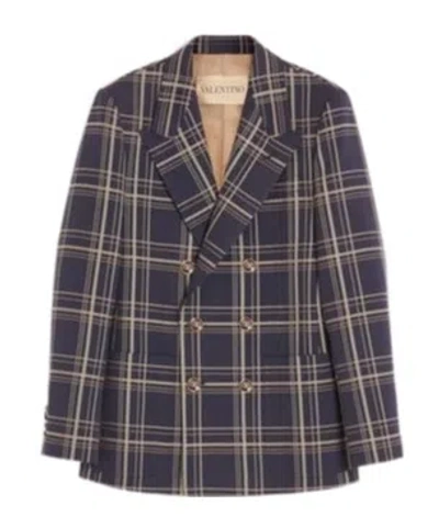Valentino Giacca Doppiopetto In Lana E Cotone Con Motivo Check In Multi