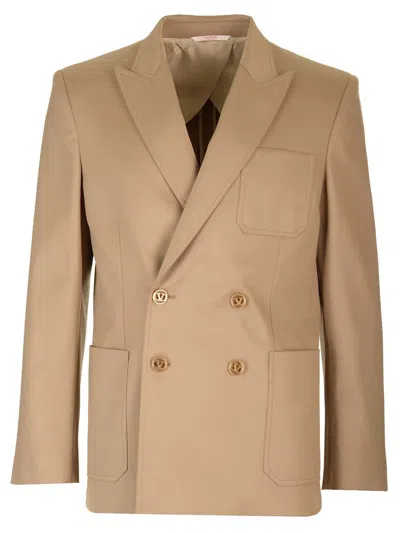 Valentino Double-breasted Cotton Blazer In Beige