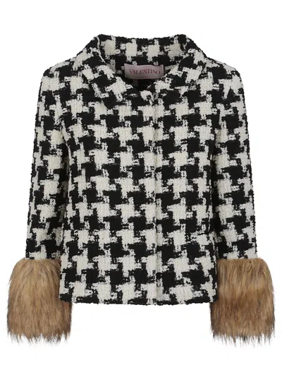 Valentino Faux-fur Macro Houndstooth Tweed Jacket In Beige