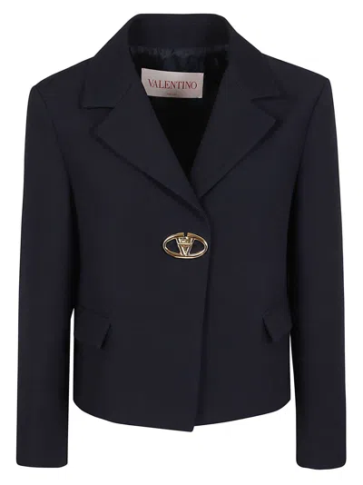 Valentino Single-breasted Navy Wool Crop Jacket In Black