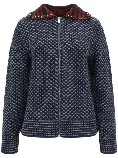 Valentino Virgin Wool Cardigan With Zip Closure And Studs On The Colla In Black