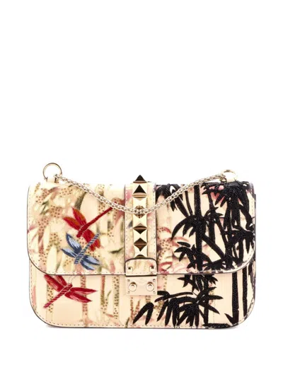 Pre-owned Valentino Garavani Glam Lock Embroidered Leather Medium Shoulder Bag In Neutral