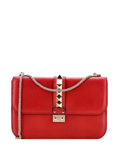 Pre-owned Valentino Garavani Glam Lock Leather Large Shoulder Bag In Red
