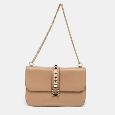 Pre-owned Valentino Garavani Glam Lock Rockstud Large Beige Leather Flap Bag