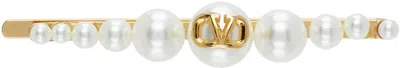 Valentino Garavani Gold & White Vlogo Signature Metal Pearl Hair Clip