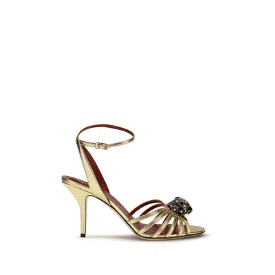 Valentino Garavani Gold Calf Leather Bos Taurus Stiletto Heel Sandals In Multi