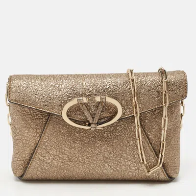 Pre-owned Valentino Garavani Gold Crinkled Leather V Rivet Clutch Bag