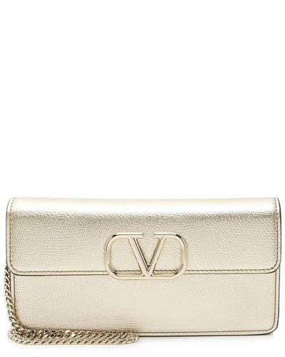 Valentino Garavani Valentino Gold Grainy Calfskin Vlogo Wallet On Chain (authentic Pre-loved)