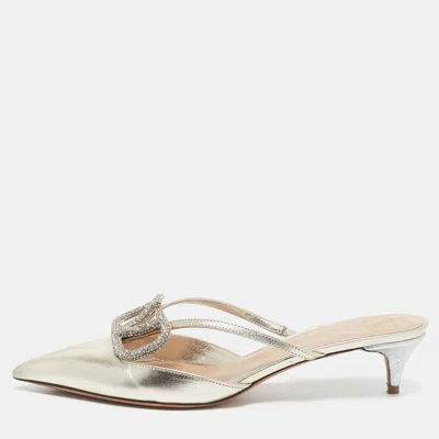 Pre-owned Valentino Garavani Gold Leather Crystal Embellished Vlogo Mules Size 38.5