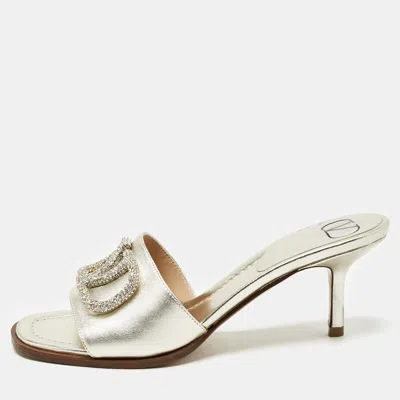 Pre-owned Valentino Garavani Gold Leather Vlogo Crystals Slide Sandals Size 36.5