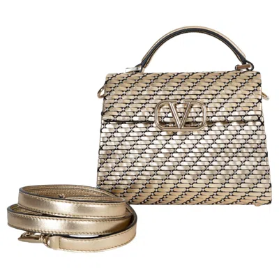 Pre-owned Valentino Garavani Valentino Gold Leather Vsling Mini Woven Bag