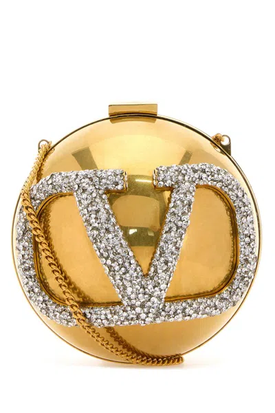 Valentino Garavani Gold Metal Vlogo Signature Clutch In Antiquebrasscrystal
