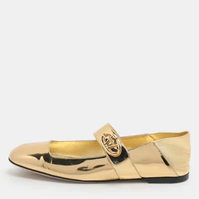 Pre-owned Valentino Garavani Gold Patent Leather Vlogo Locker Mary Jane Ballet Flats Size 36.5