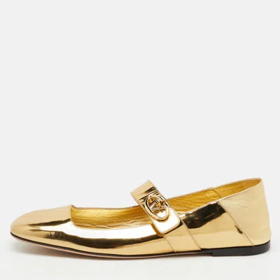Pre-owned Valentino Garavani Gold Patent Leather Vlogo Locker Mary Jane Ballet Flats Size 41.5