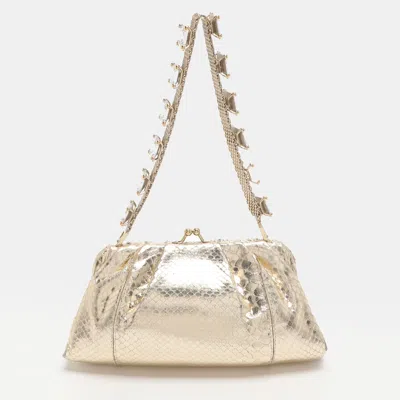 Pre-owned Valentino Garavani Gold Python Crystal Embellished Frame Clutch Bag