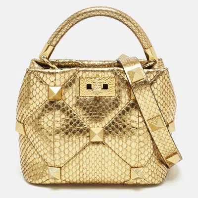 Pre-owned Valentino Garavani Gold Python Small Roman Stud Top Handle Bag
